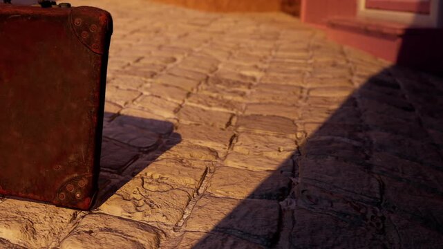 A suitcase rests on a textured stone pathway during the evening. The sunlight casts a shadow on the ground, creating contrast and depth. The setting appears quiet and inviting.