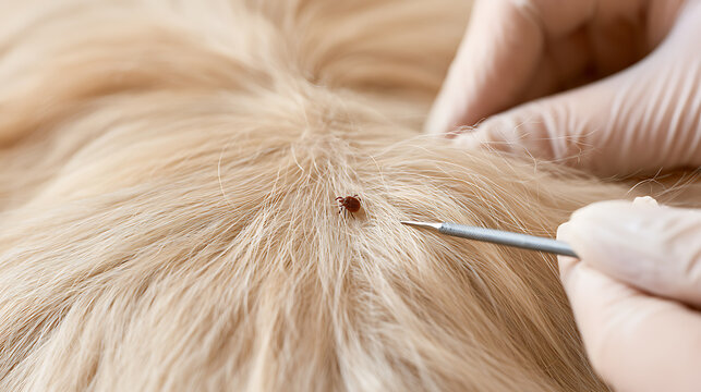 Veterinarian remove dog tick Ixodida parasite from furry animal fur coat with metal tool in medical clinic exam room closeup view