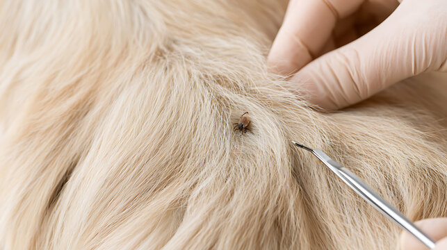 Veterinarian remove dog tick Ixodida parasite from golden retriever fur coat pet health care safety prevention clinic checkup close up