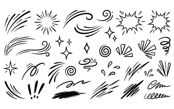 Comic motion lines and dynamic energy bursts for manga style action sequences and graphic composition use.