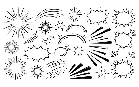 Comic speed line and explosion effect elements for energetic manga style graphic design and illustration.