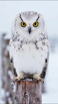 Snowy owl with bright yellow eyes perched on a wooden post during winter season bird of prey white feathers wild animal arctic owl