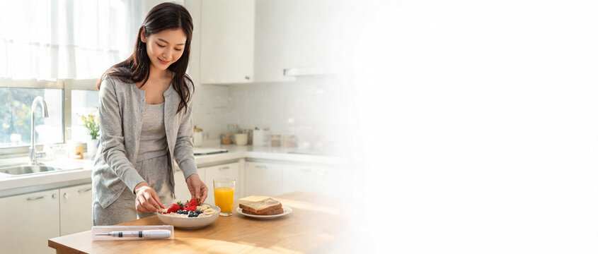 Asian woman preparing healthy breakfast with generic injection pen case in bright kitchen