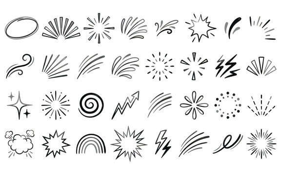 Collection of comic book manga style speed lines and explosion impact effects for dynamic graphics.