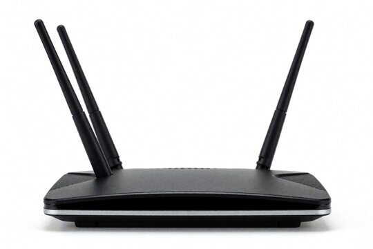 Black WiFi router with three antennas stands alone on white background. Modern network device for internet connection and home office setup. Wireless signal transmission.