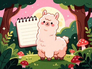 Fototapeta premium Cute pink llama stands near large blank notepad in magical night forest. Adorable cartoon animal sits among mushrooms, grass, trees under glowing moon. Sweet whimsical illustration for kids