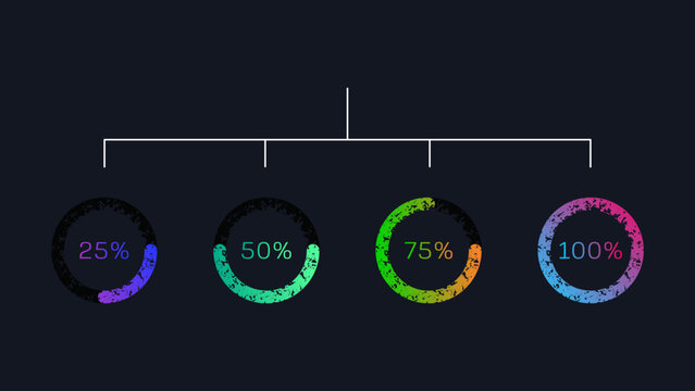 Percentage Progress Circle Infographic, 25 50 75 100 Percent Colorful Grunge Diagram on Dark Background