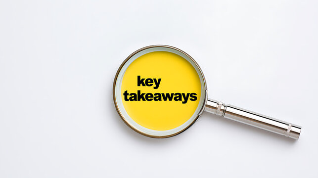 Magnifying glass revealing the phrase key takeaways on a vibrant yellow circle background, representing business insights and discovery concept