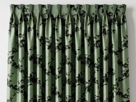 Sage green pinch pleat curtains feature an abstract black pattern. These elegant drapes add a modern touch to home interiors. Soft fabric hangs in neat folds creating a stylish look.