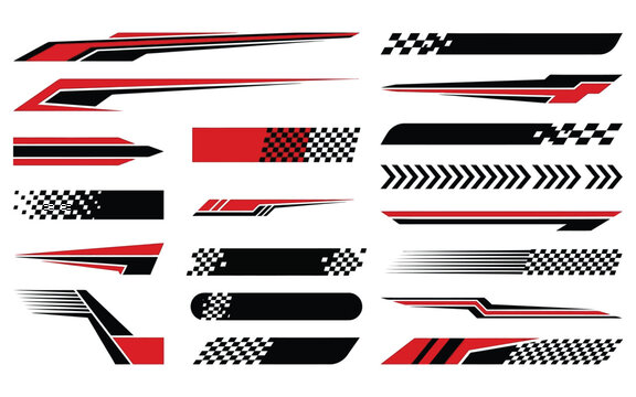 Racing car side body decals with black and red checkered flag motifs for vehicle graphic customization.