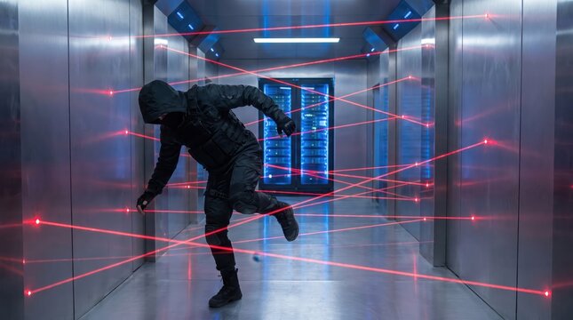 masked thief in black tactical gear dodging red laser beams in server room corridor. concept of cyber security breach, hacking, and data theft. infiltration and espionage. website header, banner.