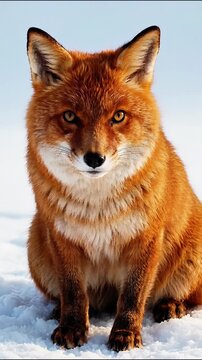 Alert red fox sitting in white snow with thick winter fur and bright amber eyes snowy ground wild animal snow season carnivore mammal arctic fox