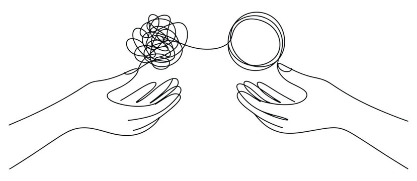 Two hands holding a single black continuous line that transforms from a tangled messy scribble into a neat circular shape on a plain white background