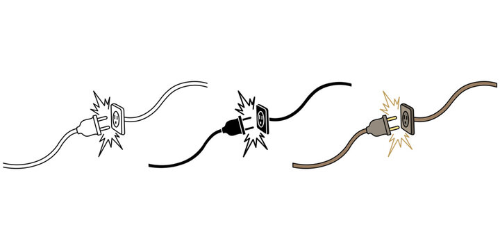 Electric plug sparks and socket outlet vector icons in outline black and color styles for electrical safety warning and disconnected power.