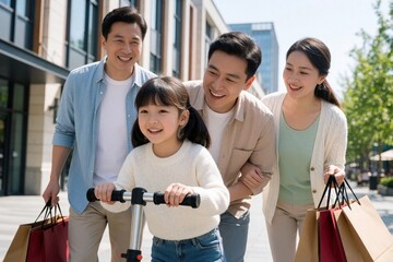 Obraz premium Family enjoys day downtown, daughter rides scooter while parents carry shopping bags. They smile and walk together on city street, sharing happy bonding moments and leisure time.