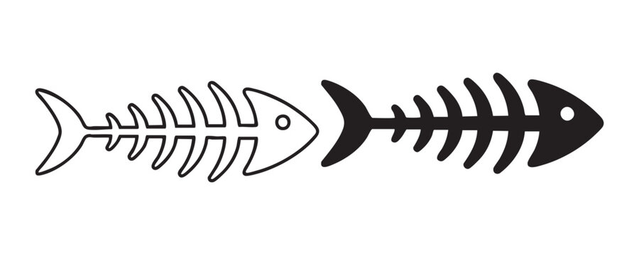 Outline and solid fish skeleton silhouettes for diverse digital marketing and logo design projects.