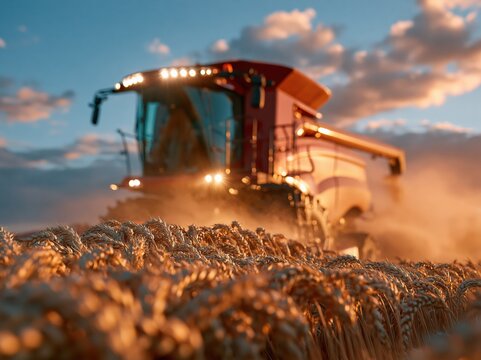 Combine harvester working in a golden wheat field at sunset with dramatic clouds