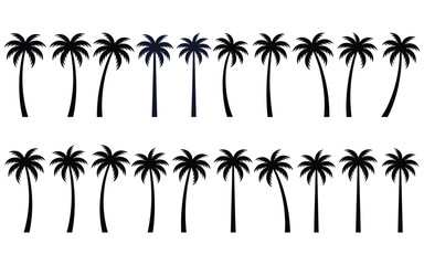 Naklejka premium Palm tree silhouette collection featuring black tropical plant icons isolated on transparent background.