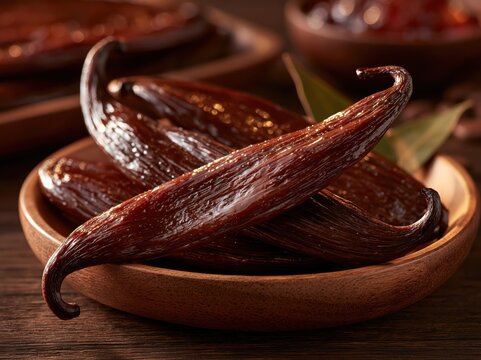 Rich, dark vanilla beans displayed in a rustic wooden bowl on a textured surface