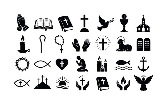 Collection of Christian faith and religious symbols in silhouette