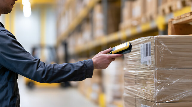 Warehouse worker use barcode scanner device to scan package label on cardboard box in distribution fulfillment center stock inventory storage