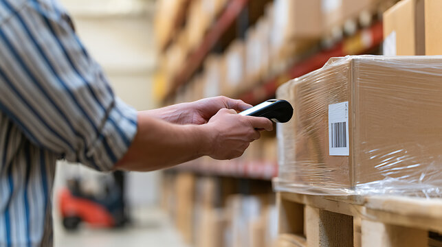 A worker scan barcode on cardboard box with handheld reader in warehouse, close up view of logistics operation, inventory management system