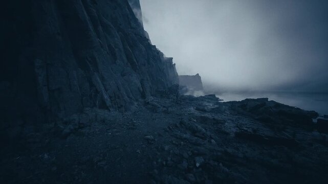desolate pebble beach under cliff raw waves lapping, cold gray palette, shinglestrewn shore, driftwood and strata detail, surveyor measuring outcrop, moody