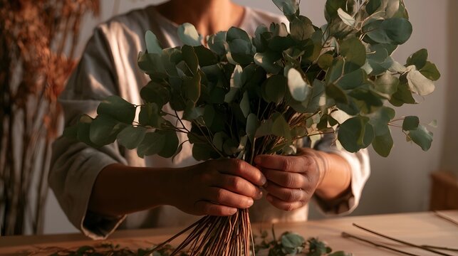 A person carefully gathers stems of fresh eucalyptus leaves into a bouquet using both hands under warm natural light