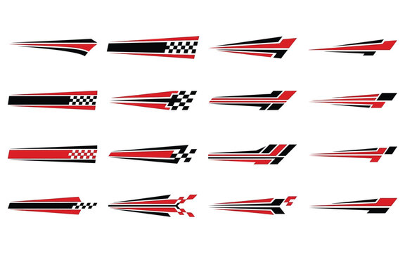 Racing car side decals set featuring bold red and black vinyl graphic stripes for vehicle tuning.