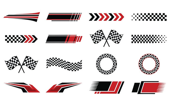 Racing stripes set with black and red checkered flags for car body decals and vehicle graphic designs.