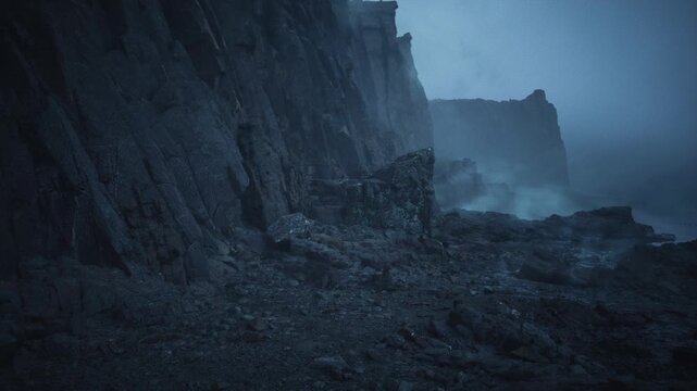 storm battered cliff with crashing surf, windswept boulders and spray rising into grey sky, jagged headland and turbulent water, dramatic tense mood