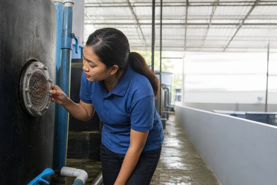 Aquaculture Water Quality Monitoring Technician Checking Biofilter Media