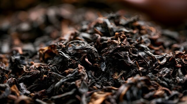 Close up of dark  curled dry tea leaves with rich texture and warm ambient lighting highlighting their layered surface
