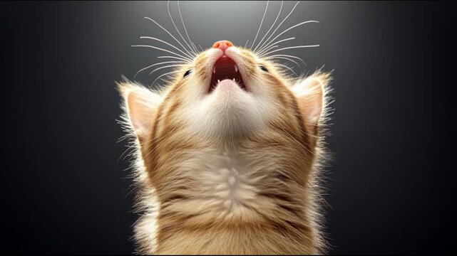 Young cat looking up with its mouth open, background is dark with focused light shining on the cat