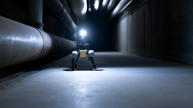Autonomous four-legged robot exploration inside a dark industrial facility tunnel with pipes and bright overhead light casting long shadow