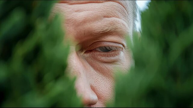 Man looking through green plants in a garden during daylight