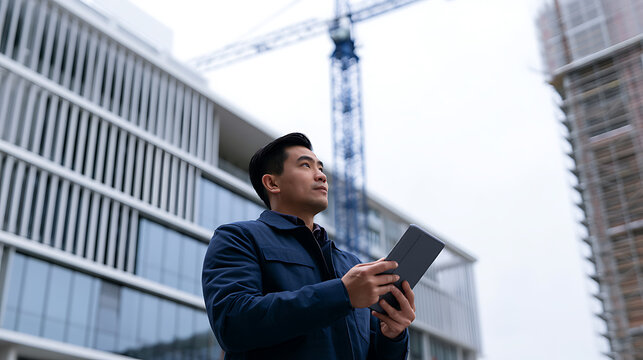 Asian male architect hold digital tablet look construction site crane building structure exterior modern design corporate project business plan