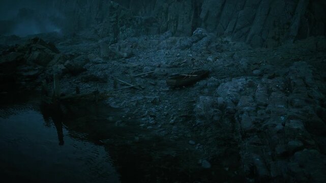 moonlit rocky tidepool with wreck, abandoned skiff resting among pebbles and algae, calm water reflecting pale light, eerie coastal cliffs framing scene, ideal