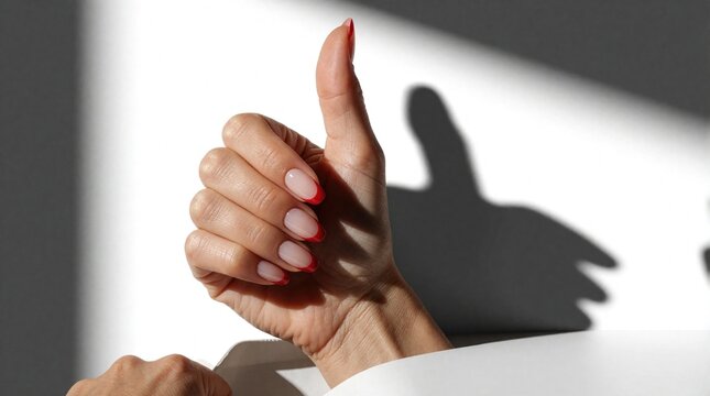 Woman hand with polished red tipped nails gives thumbs up gesture. Clean white background creates strong contrast, casting shadow. Approval, positivity, or success.