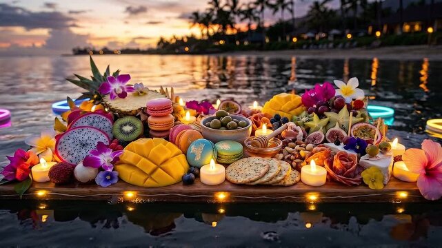 Tracking shot of floating charcuterie board drifting on tropical ocean at sunset with candles flowers and colorful fruit spread creating warm evening mood