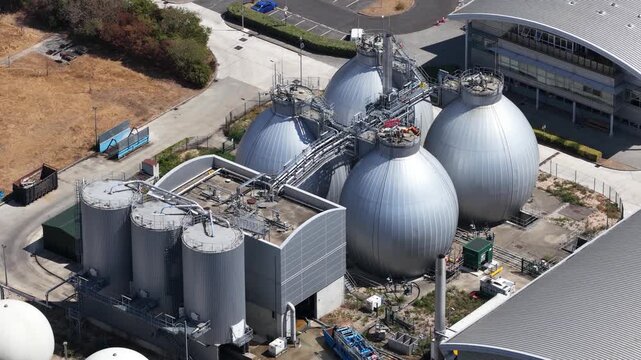 Aerial view of sewage treatment plant digesters