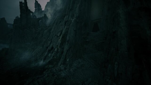 gloomy cliffside ruins at dusk, ancient castle slope shrouded in fog and drifting mist cinematic atmospheric shot of crumbling masonry, eroded rock faces,