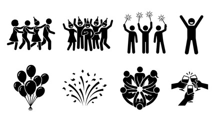 Obraz premium Celebration Icons Set Stick Figures Balloons Fireworks and Toasting