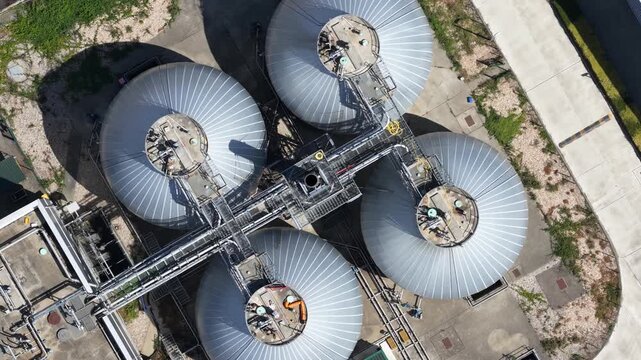 Aerial view of sewage treatment plant digesters
