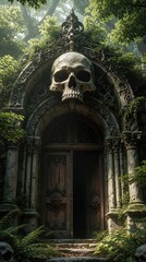 Naklejka premium Ancient stone archway entrance with large skull carving and wooden door. Overgrown ruins with lush green foliage in mysterious forest setting. Dark mystical portal.