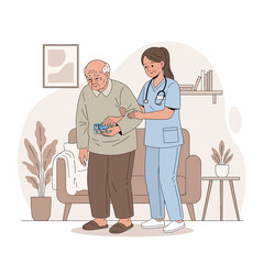 Obraz premium Caring Nurse Assisting Elderly Man With Medication And Support