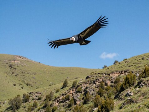 Andean condor flies high in blue sky above grassy mountains. Large black bird of prey soars over hills in South America. Wild animal glides with open wings in nature, showing freedom, majesty in high