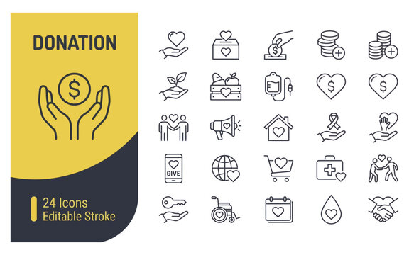 Donation line icon set featuring charity support humanitarian aid and social help symbols design.