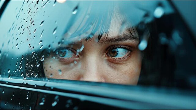 Person looking out of a car window with rain on the glass during a cloudy day