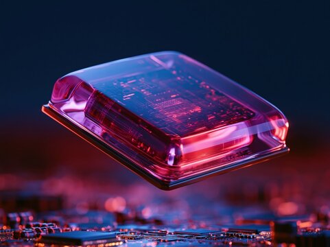 Futuristic glowing microchip hovering over a circuit board with neon lights